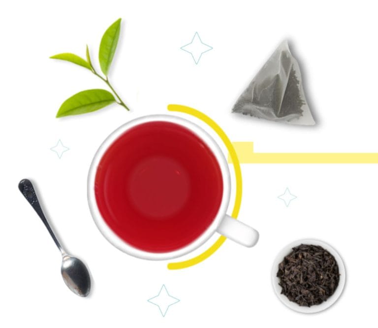 cup of tea, tea leaves, pyramid tea bag, spoon, pure ceylon tea, dimbula regional tea