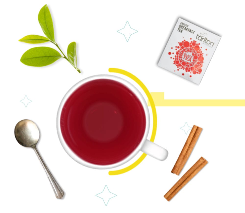 english breakfast tea sachet, tea leaves, spoon, cinnamon sticks, cup of tea, pure ceylon tea, kandy regional tea