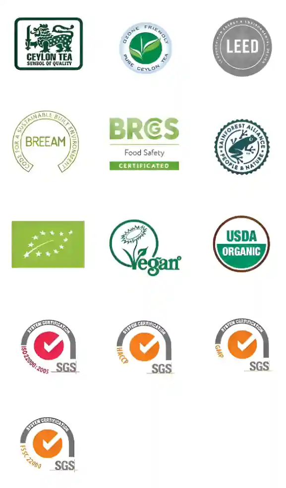 Venture Tea International Certifications for the USA, Europe, Japan and the world. Pure Ceylon Tea, SGS, GMP, FCCP, ISO, BRCGS, LEED GOLD CERTIFIED, Rainforest Aliance, Vegan, FDA, EU, USDA